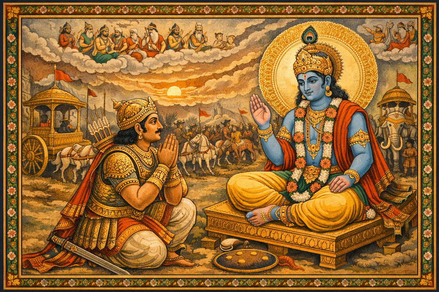 Krishna teaching Arjuna on the battlefield